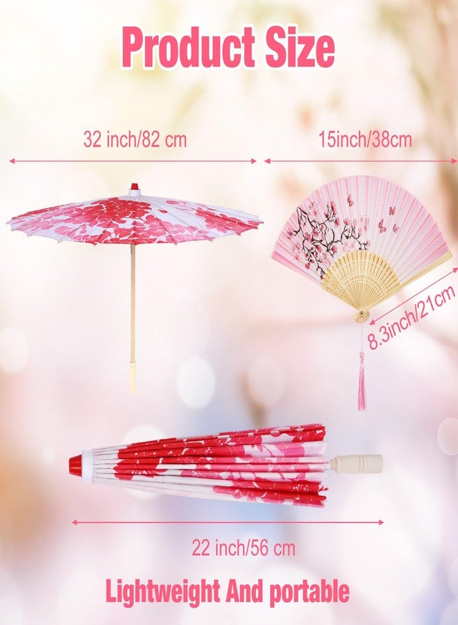 Dansydaisy 12 Pcs 32 in Oiled Paper Umbrella Folding Fan Set Chinese Japanese Parasol for Wedding Floral Umbrella and Paper Fan for Bridal Party Supplies Home Decor - Image 3